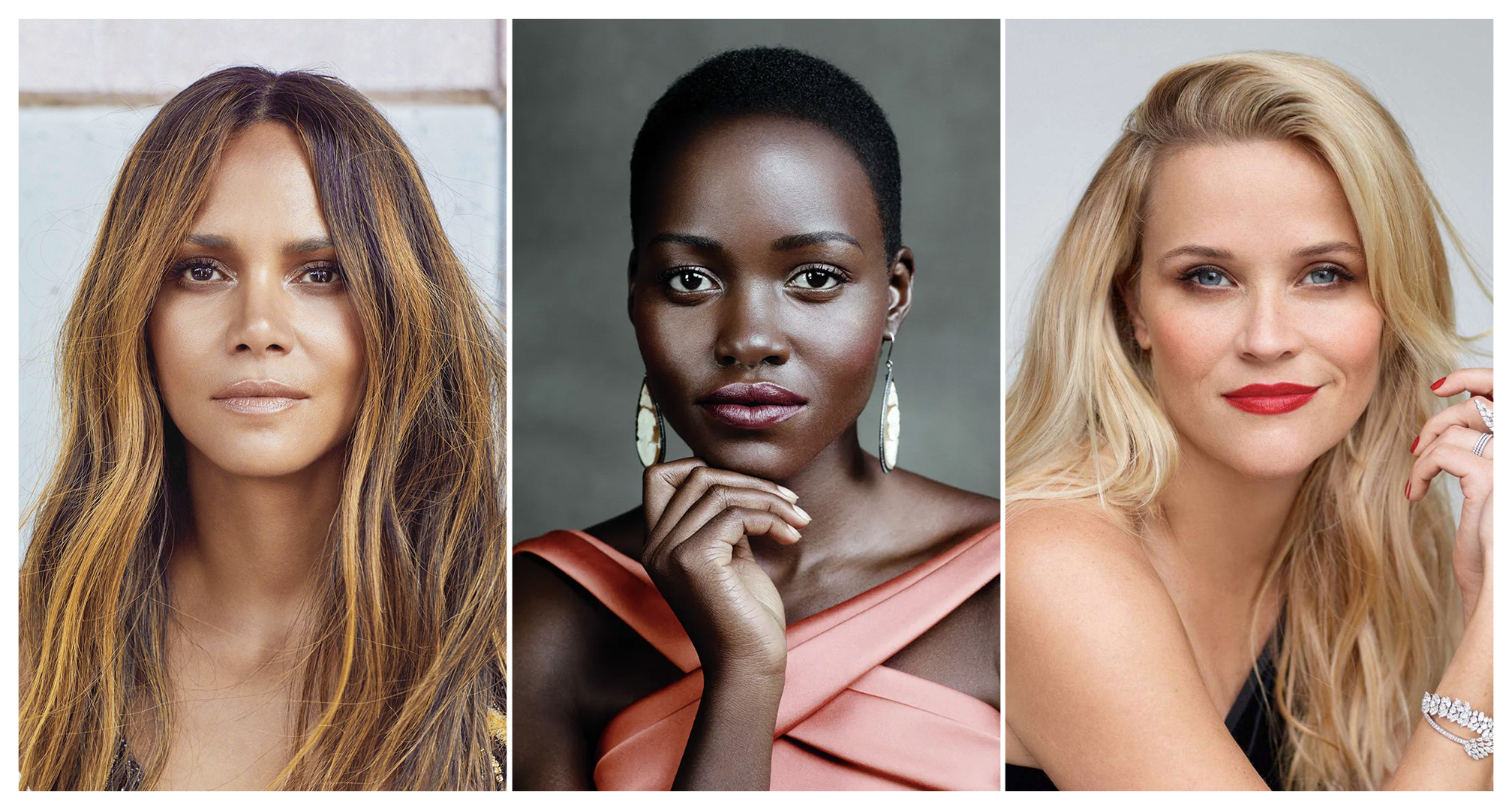 collage af halle berry, lupita nyong'o, og Reese witherspoon