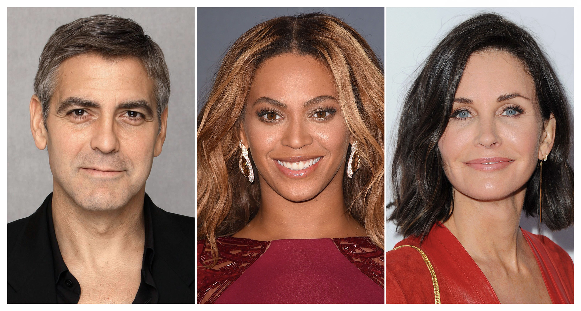 collage af george clooney, beyoncé, and courtney cox